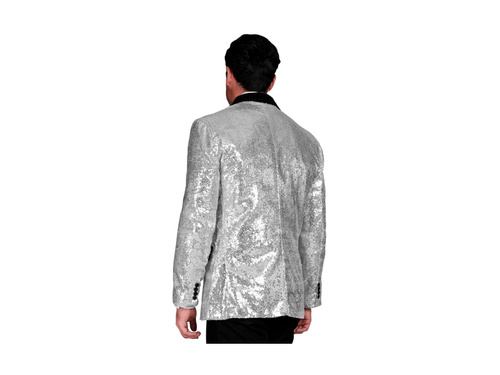 Imprezowa marynarka Party Fashion - srebrna cekinowa z satynowym kołnierzem i kieszeniami