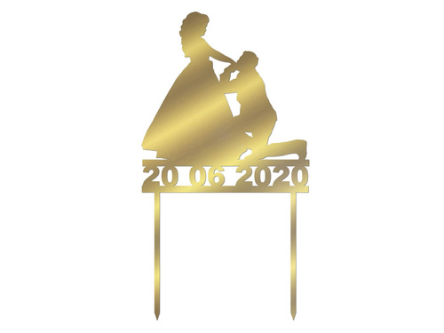 Topper z lustrzanej pleksi złoty na tort Młoda Para - personalizowany - 13 cm