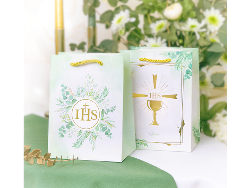Torebka prezentowa Kielich IHS z zielonymi listkami na I Komunię Świętą mała - 1 szt.