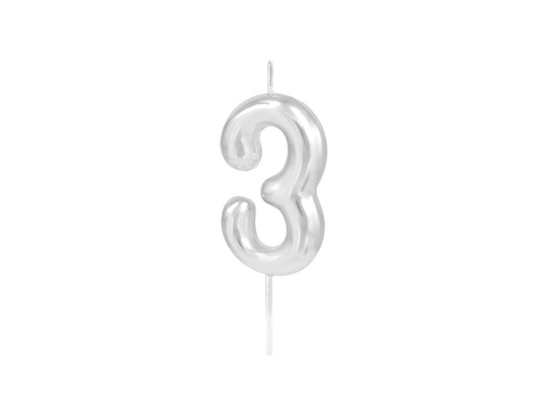Świeczka cyferka metaliczna srebrna - 3 - 1 szt.