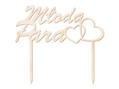 Topper drewniany na tort Młoda Para z sercami - 15 cm