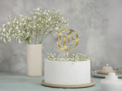 Topper z lustrzanej pleksi złoty na tort IHS I Komunia Święta
