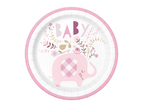 Talerzyki papierowe na urodziny lub baby shower Słonik różowy - 23 cm - 8 szt.