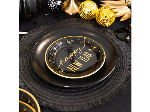 Talerzyki papierowe na Sylwestra Nowy Rok Happy New Year czarne - 18 cm - 6 szt.