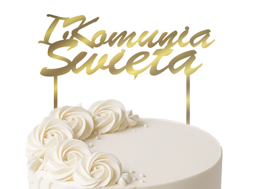 Topper z lustrzanej pleksi złoty na tort IHS I Komunia Święta