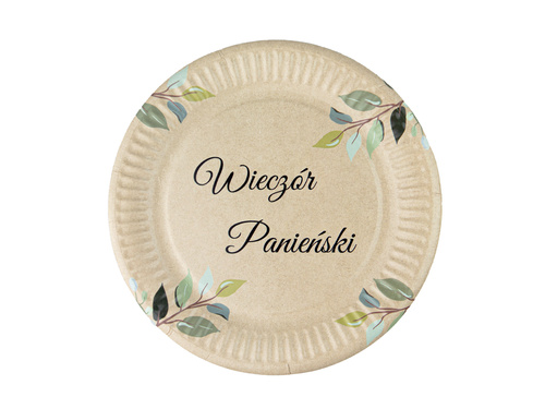 Talerzyki kraftowe na wieczór panieński z zielonymi listkami - 18 cm - 6 szt.