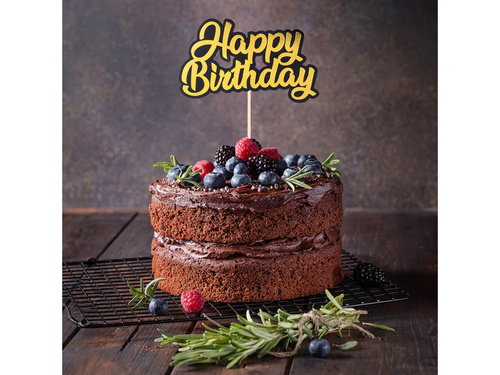 Topper na tort Happy Birthday złoto-czarny - 1 szt.