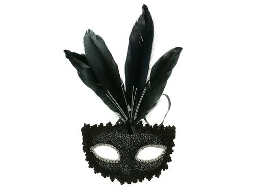 Maska karnawałowa z piórami - czarna - 1 szt.