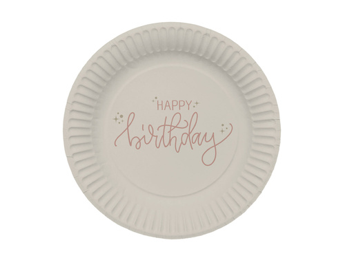 Talerzyki papierowe na urodziny beżowe Happy Birthday - 23 cm - 8 szt.