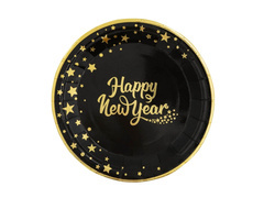 Talerzyki papierowe na Sylwestra Nowy Rok Happy New Year czarne - 18 cm - 6 szt.