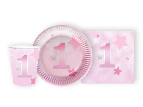 Zestaw kubeczki, serwetki i talerzyki papierowe na roczek Gwiazdki różowe - 44 szt.