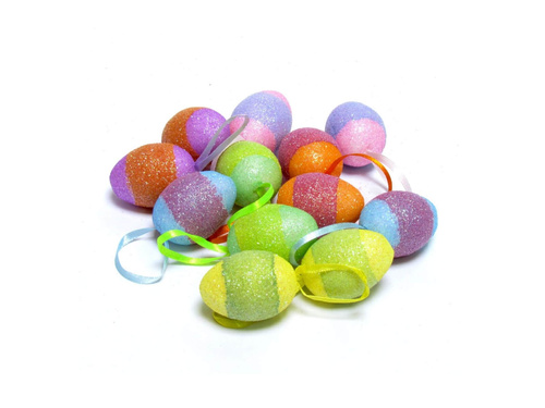 Pisanki brokatowe z zawieszkami mix kolorów - 4 cm - 12 szt.