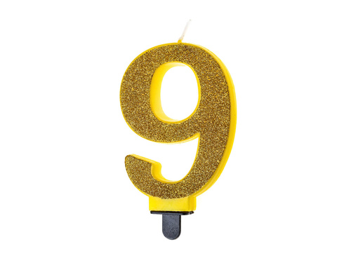 Świeczka cyferka brokatowa złota - 9 - dziewięć