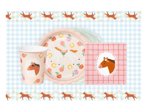 Zestaw obrus + kubeczki + talerzyki + serwetki papierowe Konie - 37 szt.