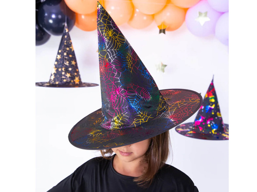 Kapelusz czarownicy z kolorową pajęczyną na Halloween - 1 szt.