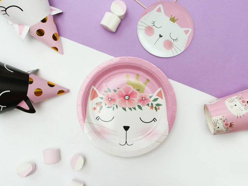 Talerzyki papierowe Kotek różowe - 18 cm - 6 szt.