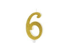 Świeczka cyferka ze złotym brokatem - 6 - 1 szt.