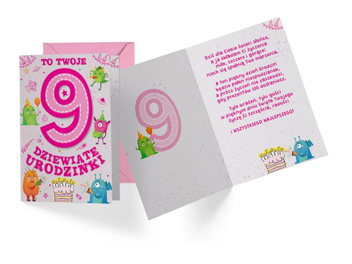 Kartka urodzinowa z kopertą na dziewiąte urodziny Potworki - 1 szt.