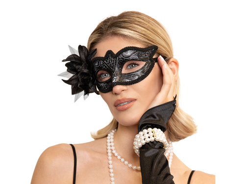 Maska karnawałowa z kwiatem - czarna - 1 szt.