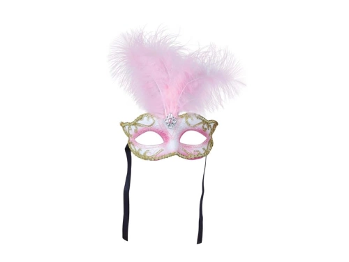 Maska karnawałowa różowa z piórem - 1 szt.