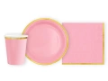 Zestaw kubeczki + serwetki + talerzyki papierowe jasnoróżowe ze złotym brzegiem - 22 szt.