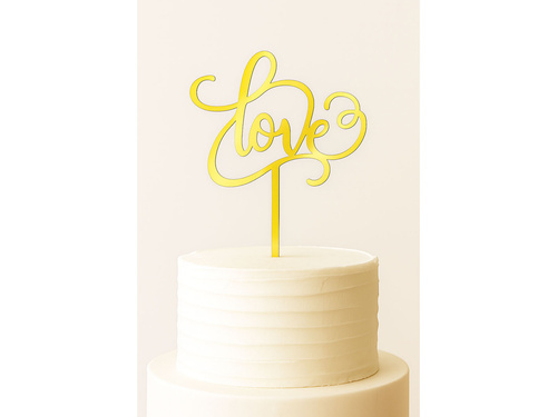 Topper z lustrzanej pleksi złoty na tort Love - 16 cm