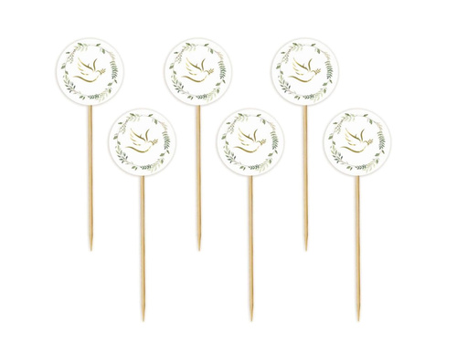 Pikery na babeczki Gołąbek z listkami na I Komunię Świętą - 6 szt.