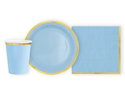 Zestaw kubeczki + serwetki + talerzyki papierowe niebieskie ze złotym brzegiem - 22 szt.