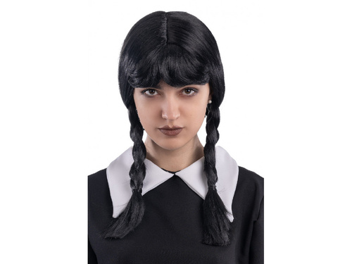 Peruka czarna z warkoczykami i grzywką - 1 szt.