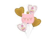 Bukiet balonów foliowych Kotek różowy z sercami Happy Birthday Princess - 21" + 14" - 5 szt.