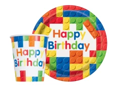 Zestaw kubeczki + talerzyki papierowe na urodziny Klocki - 16 szt.