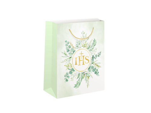 Torebka prezentowa Hostia IHS z zielonymi listkami na I Komunię Świętą duża - 1 szt.