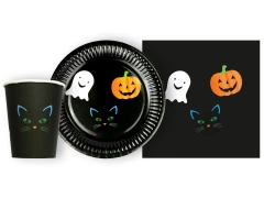 Zestaw kubeczki, serwetki i talerzyki papierowe na Halloween Duch Kot Dynia - 44 szt.