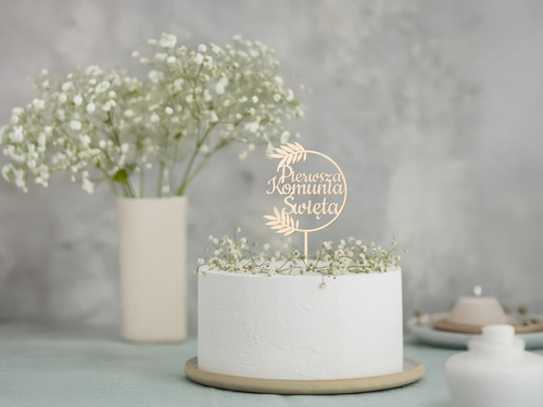 Topper drewniany na tort Pierwsza Komunia Święta - 1 szt.