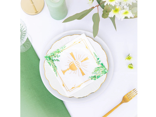 Serwetki komunijne Kielich IHS z zielonymi listkami - 33 cm - 10 szt.