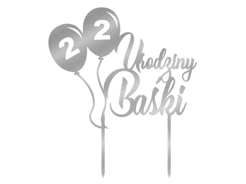 Topper z lustrzanej pleksi srebrny na tort personalizowany Baloniki z pleksi