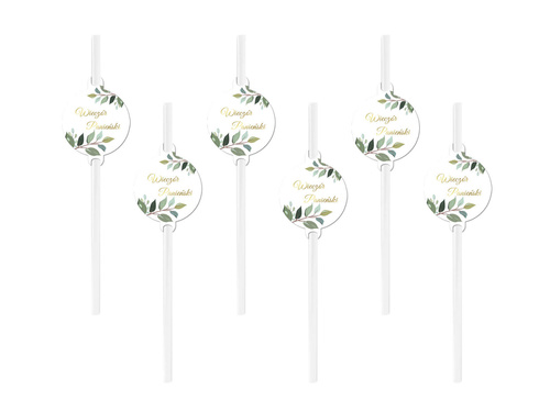 Słomki na wieczór panieński z zielonymi listkami białe - 6 szt.