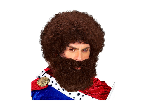 Brązowa kręcona peruka jaskiniowca z brodą