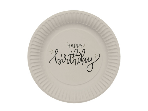 Talerzyki papierowe na urodziny beżowe Happy Birthday - 23 cm - 8 szt.