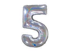 Balon foliowy cyfra 5 brokatowy holograficzny srebrny - 26" - 1 szt.