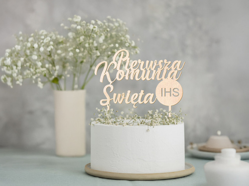 Topper drewniany na tort Pierwsza Komunia Święta - 1 szt.