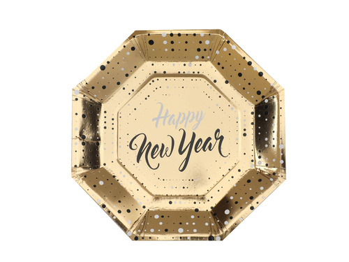Talerzyki papierowe Happy New Year - złote - 23 cm - 10 szt.