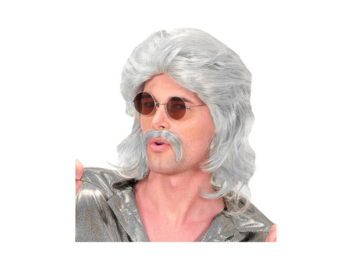 Siwa peruka fazet lat 70-tych z wąsami