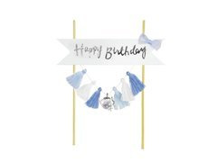 Topper na tort Happy Birthday z niebieskimi frędzelkami - 1 szt.