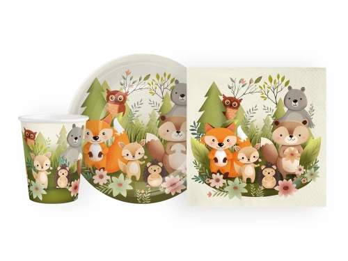 Zestaw kubeczki + serwetki + talerzyki papierowe Leśni przyjaciele - 22 szt.