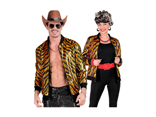 Pomarańczowa Imprezowa cekinowa kurtka - bomberka - motyw tygrysa