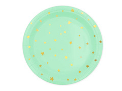 Talerzyki papierowe miętowe w złote gwiazdki - 23 cm - 6 szt.