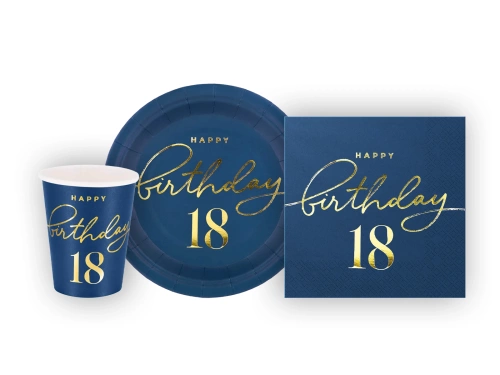 Zestaw kubeczki + serwetki + talerzyki papierowe na 18-ste urodziny - 22 szt.