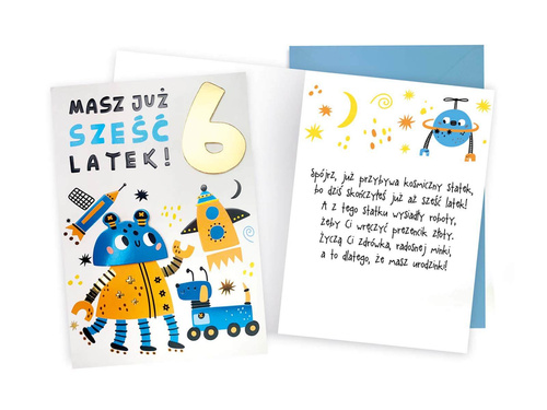 Kartka urodzinowa z kopertą na szóste urodziny Roboty