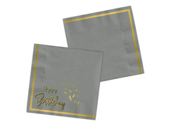 Serwetki urodzinowe Happy Birthday szare - 33 cm - 20 szt.
